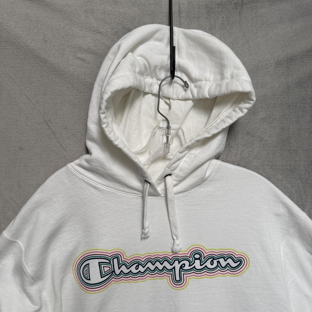 Champion Hoodie Mens Large White Rainbow Graphic Pullover Fleece Sweatshirt - Picture 2 of 9